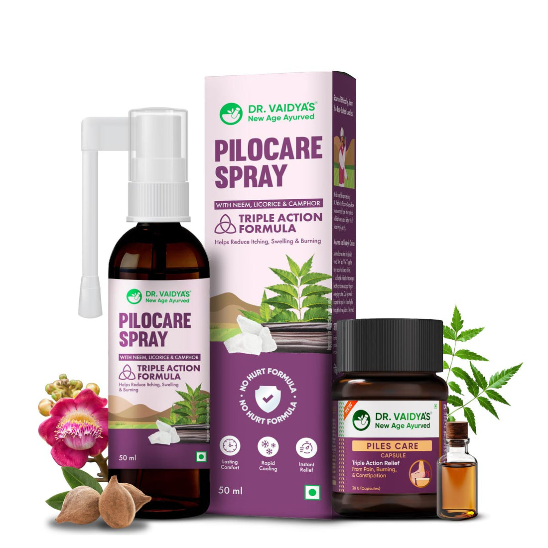Pilocare Spray (50 ml) + Piles Care Capsules (30 Units) with Nagkesar, Neem, Kasisadi Oil and Triphala Guggul : Fast & Effective Relief from Piles Pain, Swelling, and Itching