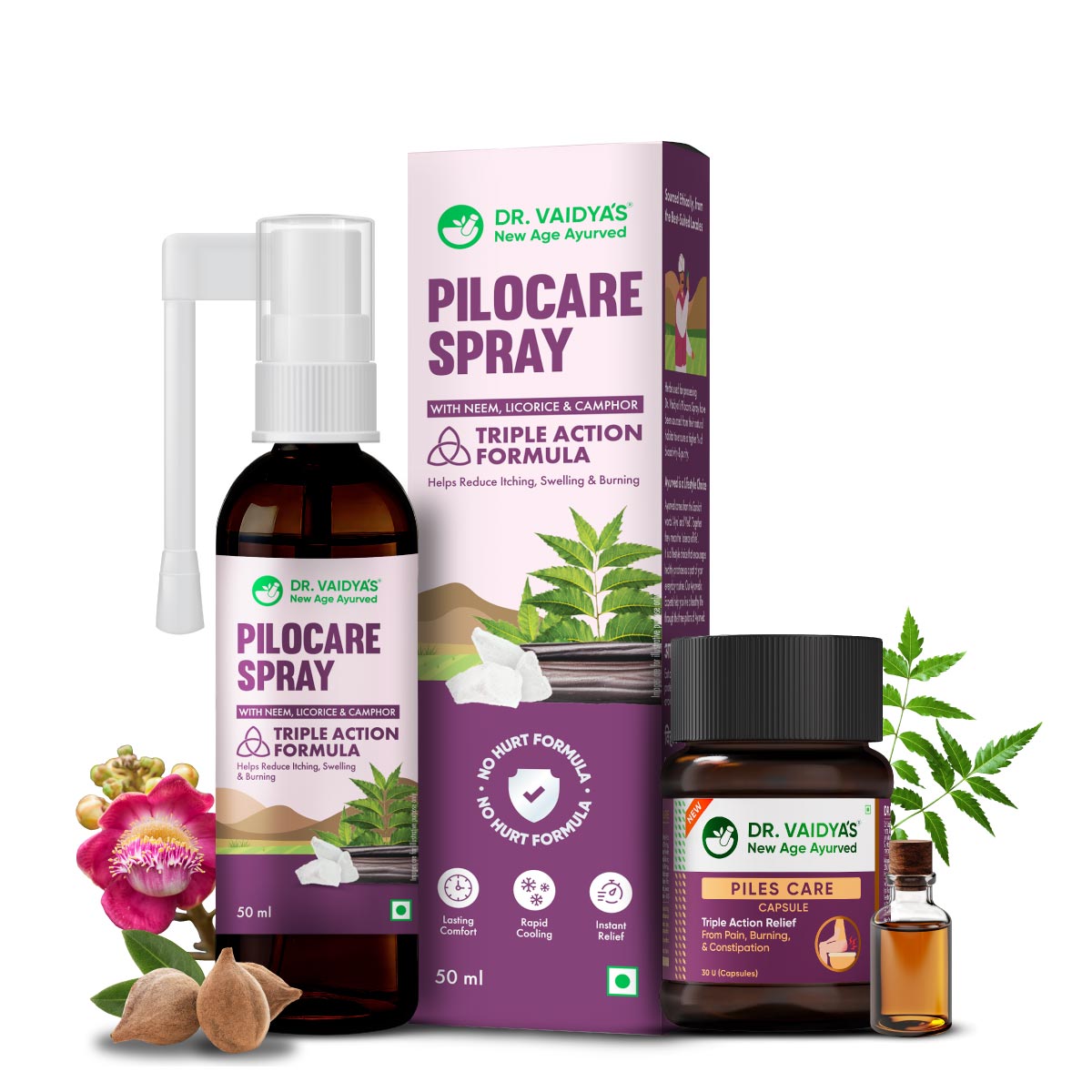 Pilocare Spray (50 ml) + Piles Care Capsules (30 Units) with Nagkesar, Neem, Kasisadi Oil and Triphala Guggul : Fast & Effective Relief from Piles Pain, Swelling, and Itching