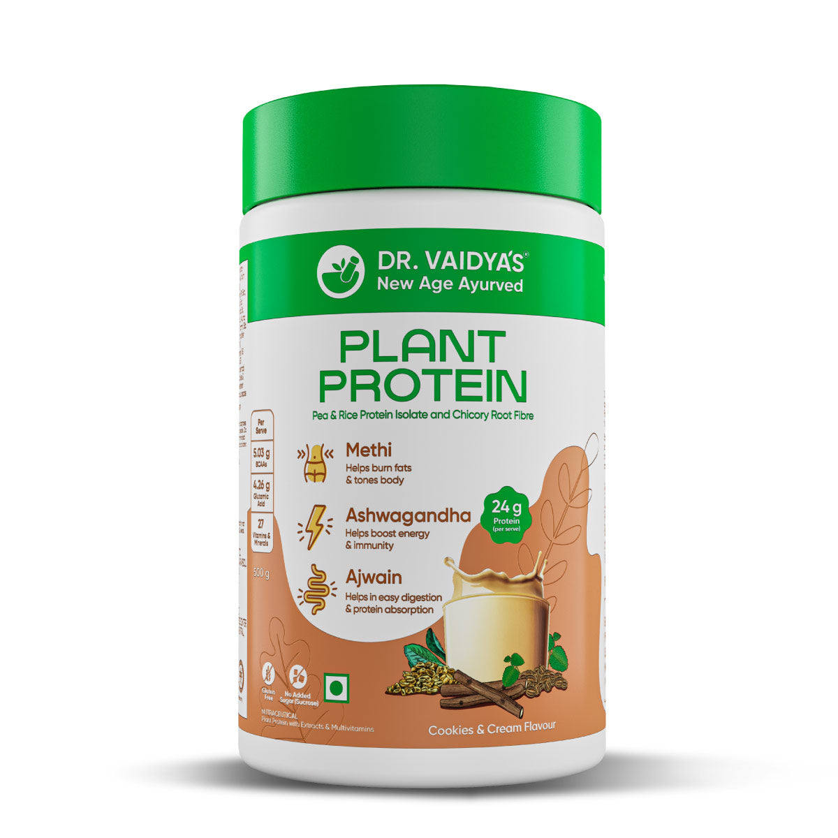 Plant Protein Powder (Cookies & Cream): First-Ever Plant Protein Enriched With Power Of 6 Super Herbs by Dr. Vaidya's