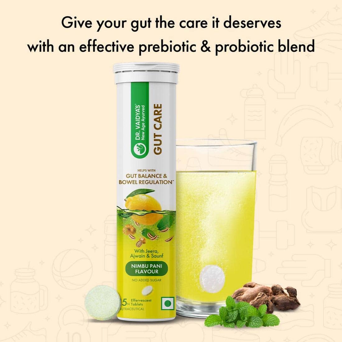 Gut Care Fizz (15 Tablets per Pack) - With Haritaki, Ginger, Saunf & Oligofructan for Digestive & Gut Health Support | Nimbu Paani Flavour