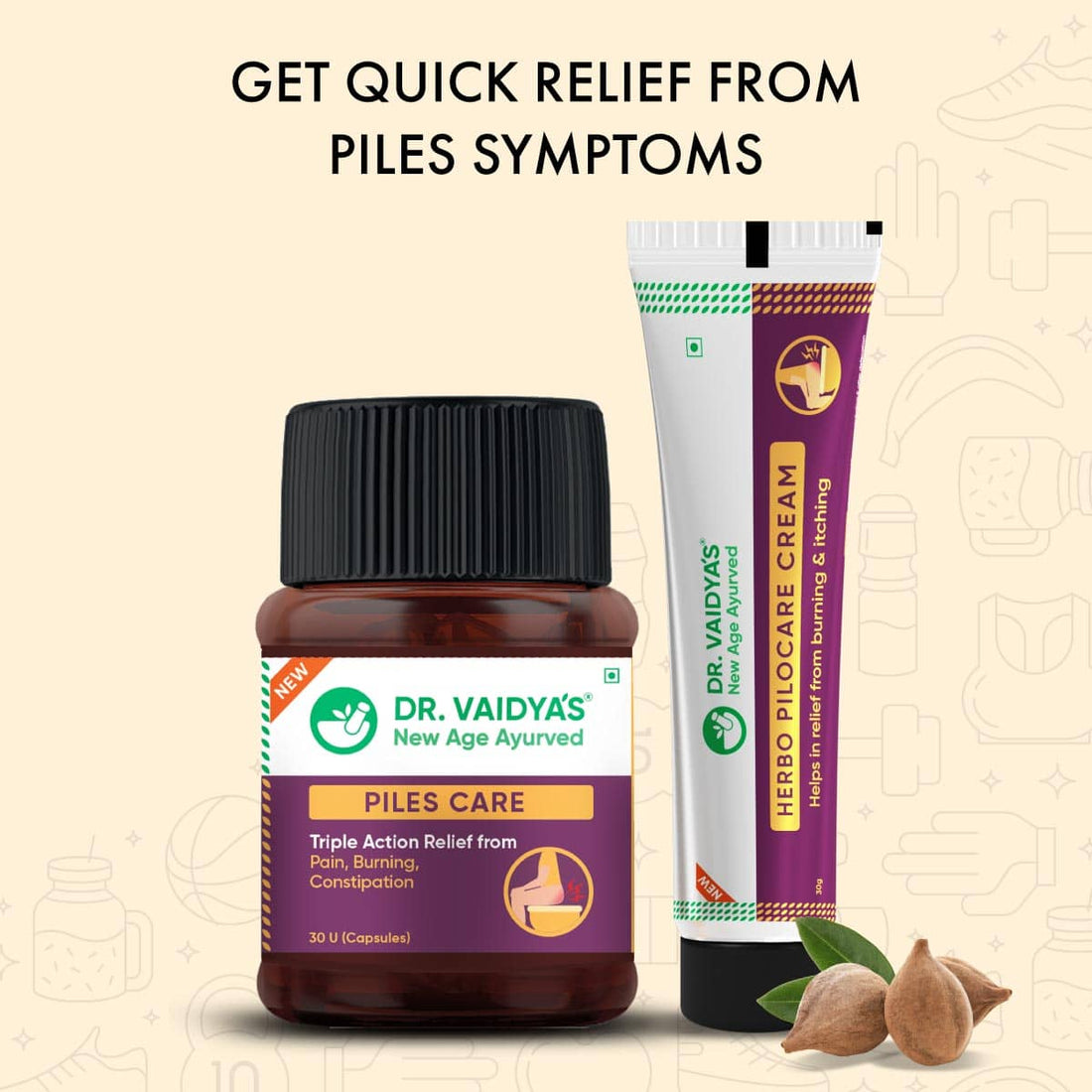 Piles Care Capsules (30 Capsules per Pack) + Pilocare Cream (30 gm per Tube) Combo – Ayurvedic Comfort Support