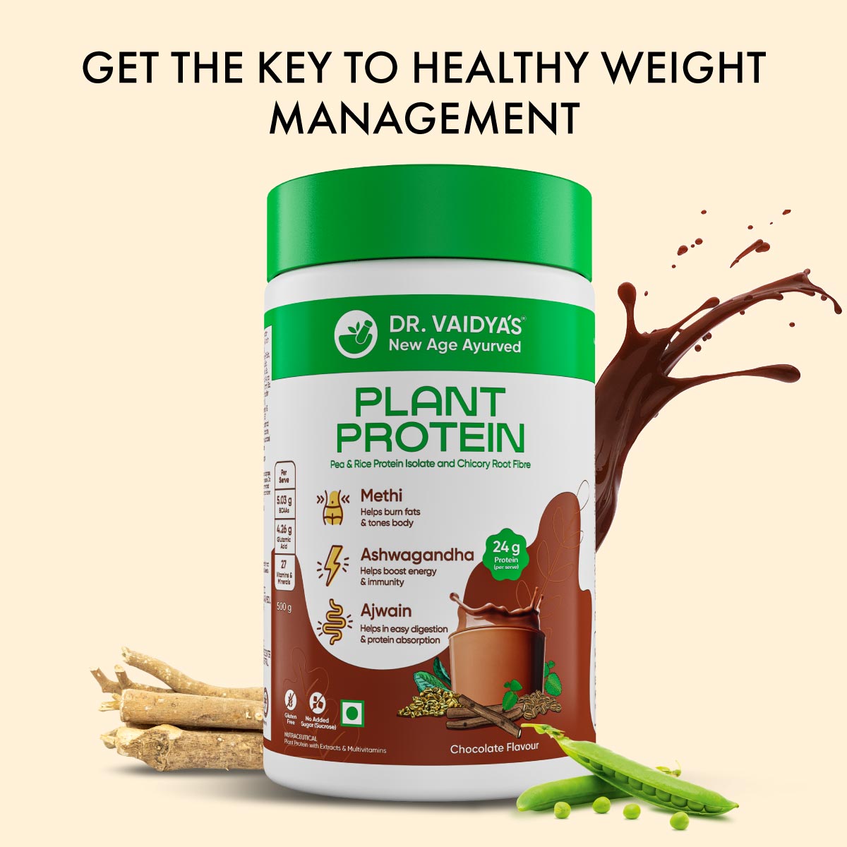 First-Ever Plant Protein Powder Enriched With Methi, Ashwagandha & Ajwain by Dr. Vaidya's
