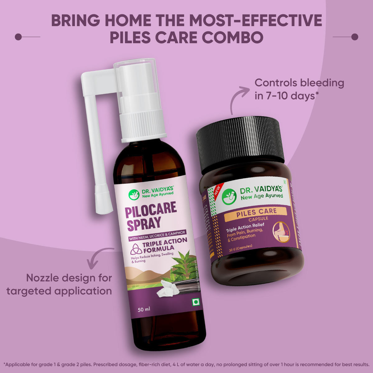 Pilocare Spray (50 ml) + Piles Care Capsules (30 Units) with Nagkesar, Neem, Kasisadi Oil and Triphala Guggul : Fast & Effective Relief from Piles Pain, Swelling, and Itching