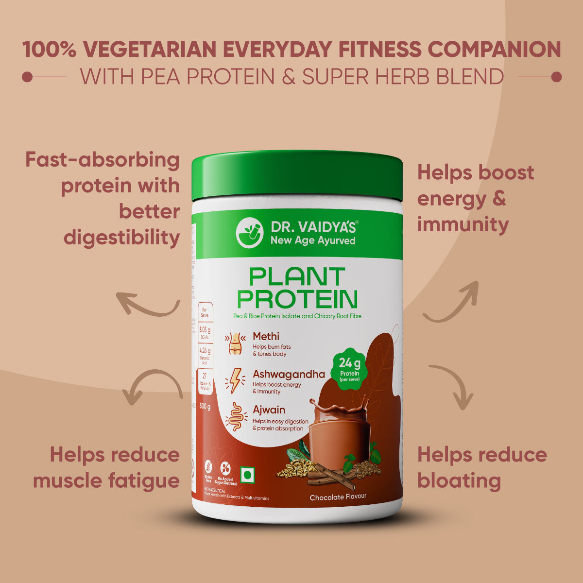Dr. Vaidya's Plant Protein Powder with Ashwagandha, Methi, Ajwain & Pea ...