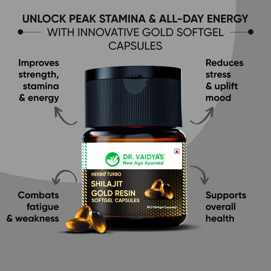 Dr. Vaidya’s Herbo24Turbo Shilajit Gold Resin Softgel Capsules – Boost Energy, Stamina, and Endurance