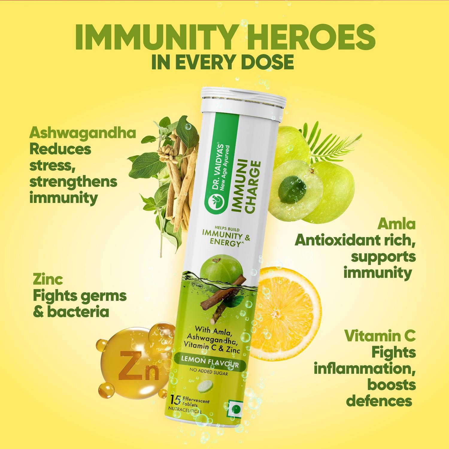 Immuni Charge Fizz (15 Tablets per Pack) – With Amla, Vitamin C, Ashwagandha & Zinc for Daily Immunity Support | Lemon Flavour