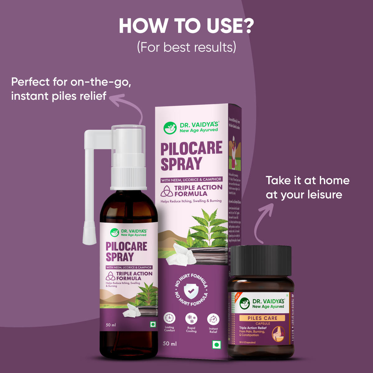 Pilocare Spray (50 ml) + Piles Care Capsules (30 Units) with Nagkesar, Neem, Kasisadi Oil and Triphala Guggul : Fast & Effective Relief from Piles Pain, Swelling, and Itching