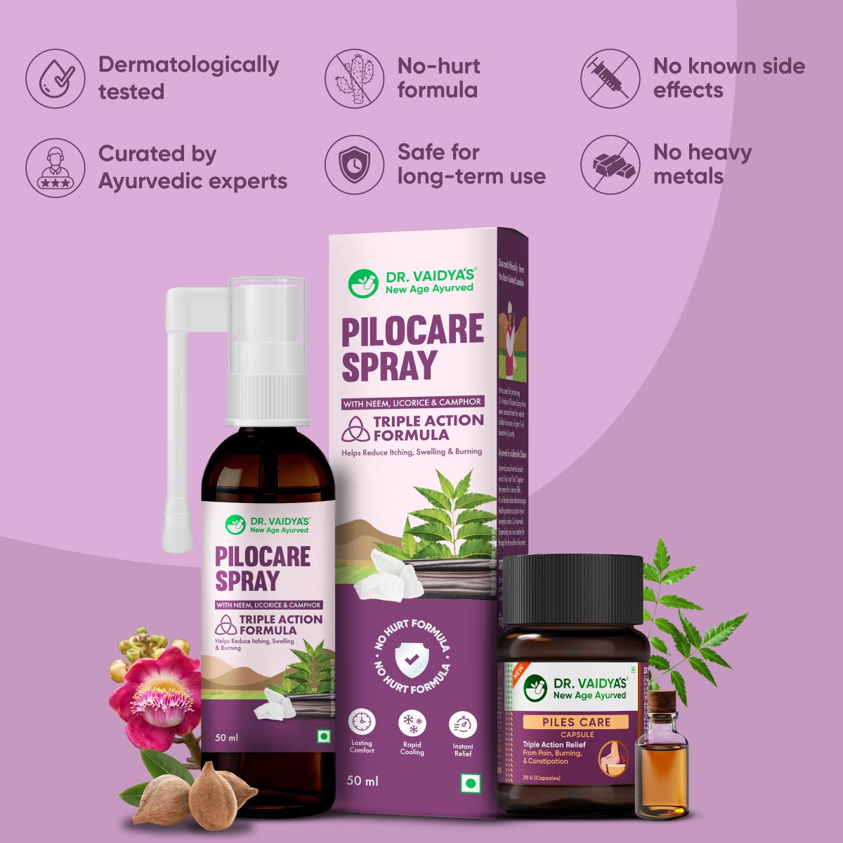 Pilocare Spray (50 ml) + Piles Care Capsules (30 Units) with Nagkesar, Neem, Kasisadi Oil and Triphala Guggul : Fast & Effective Relief from Piles Pain, Swelling, and Itching
