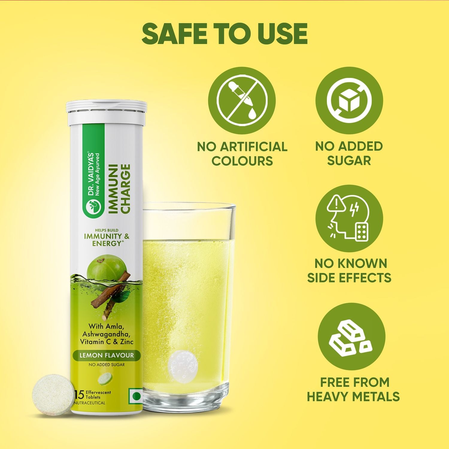 Immuni Charge Fizz (15 Tablets per Pack) – With Amla, Vitamin C, Ashwagandha & Zinc for Daily Immunity Support | Lemon Flavour