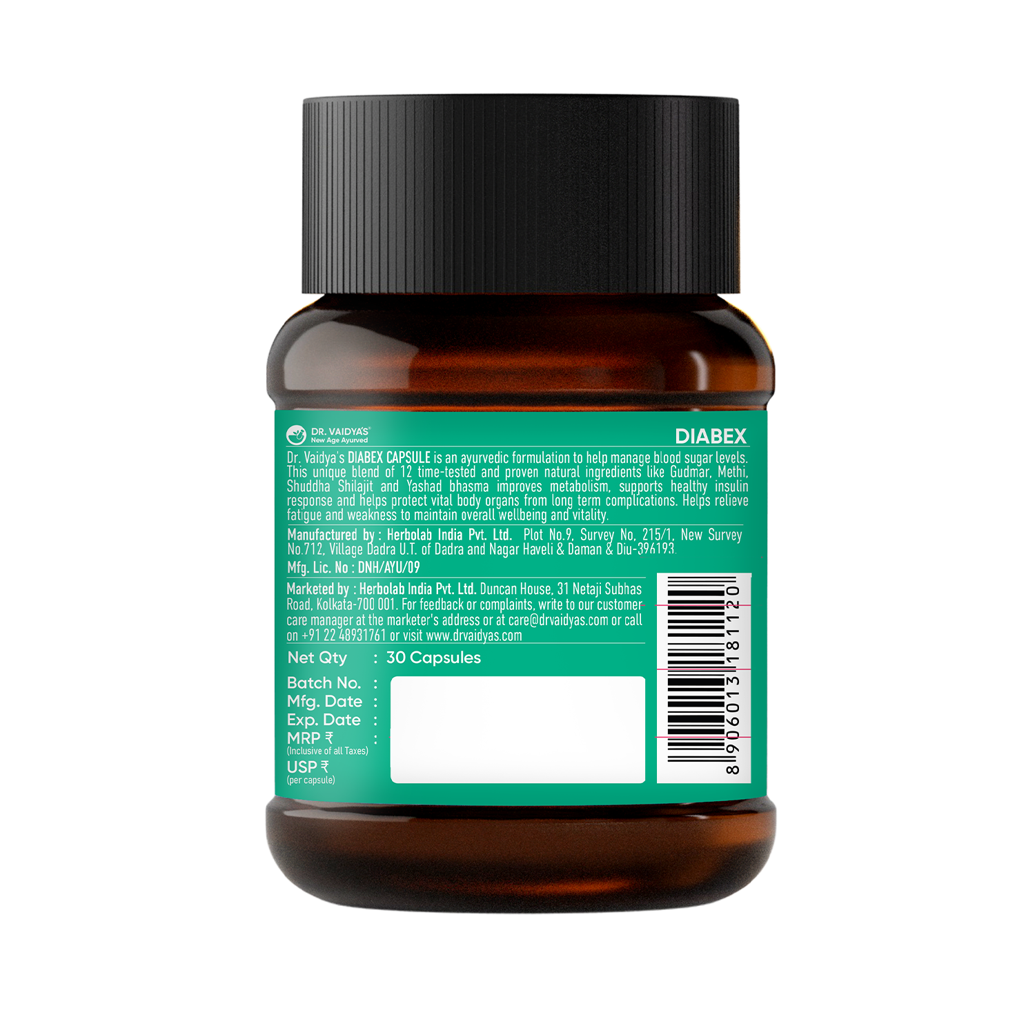 Diabex (30 Capsules per Pack) Enriched with Gudmar, Vijaysaar, Jamun Seed for Blood Sugar Support