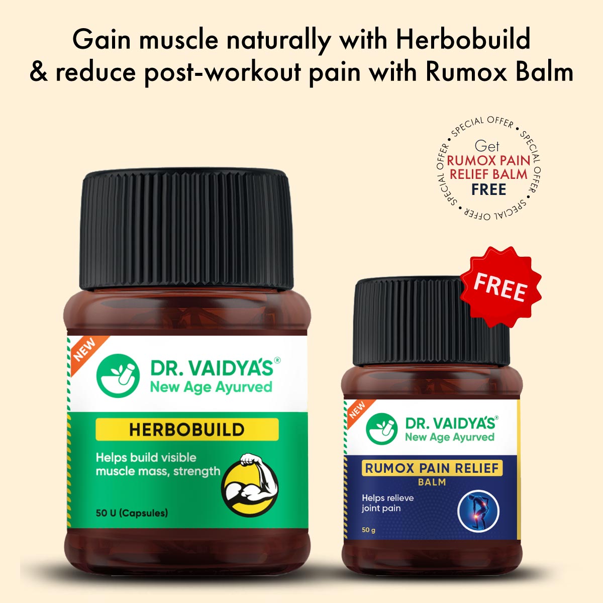 Herbobuild & Rumox Balm Combo: For Faster Muscle Gain and Relief From Muscle Stiffness & Soreness