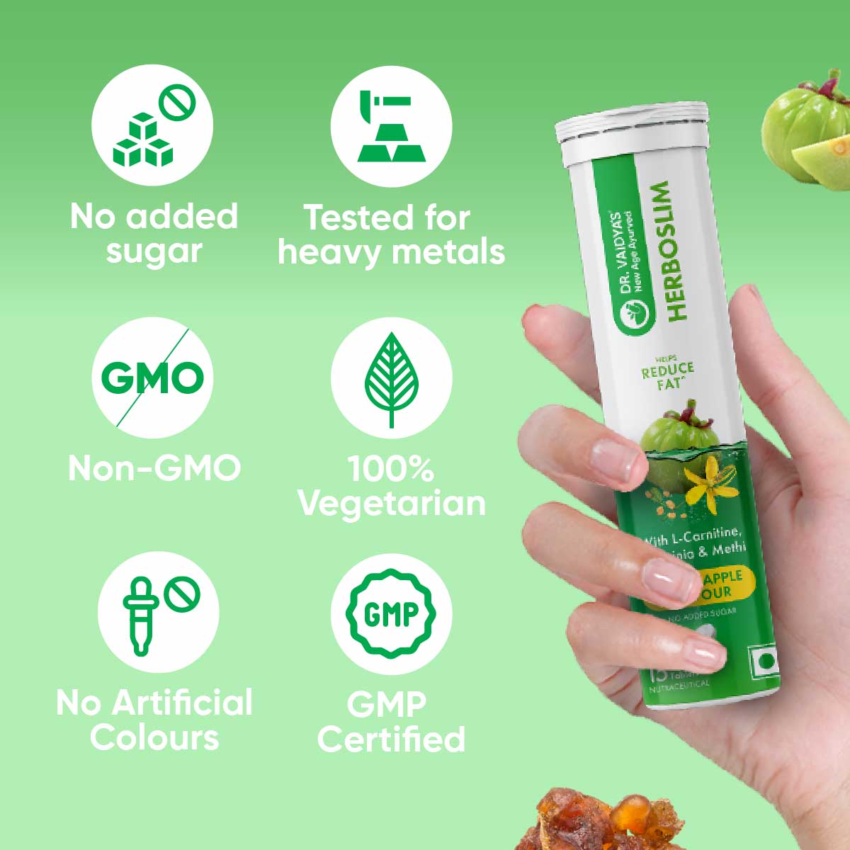 Herboslim Fizz (15 Tablets per Pack) – With L-Carnitine, Garcinia Cambogia & Medohar Guggul for Weight Loss | Green Apple Flavour