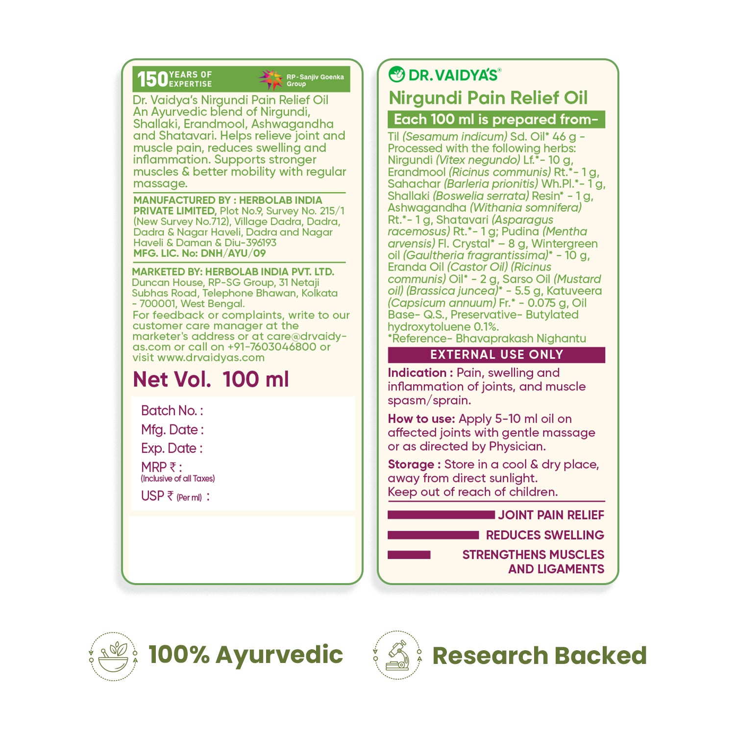 Nirgundi Oil - For Pain Relief, Reduced Stiffness, Improved Mobility & Comfort