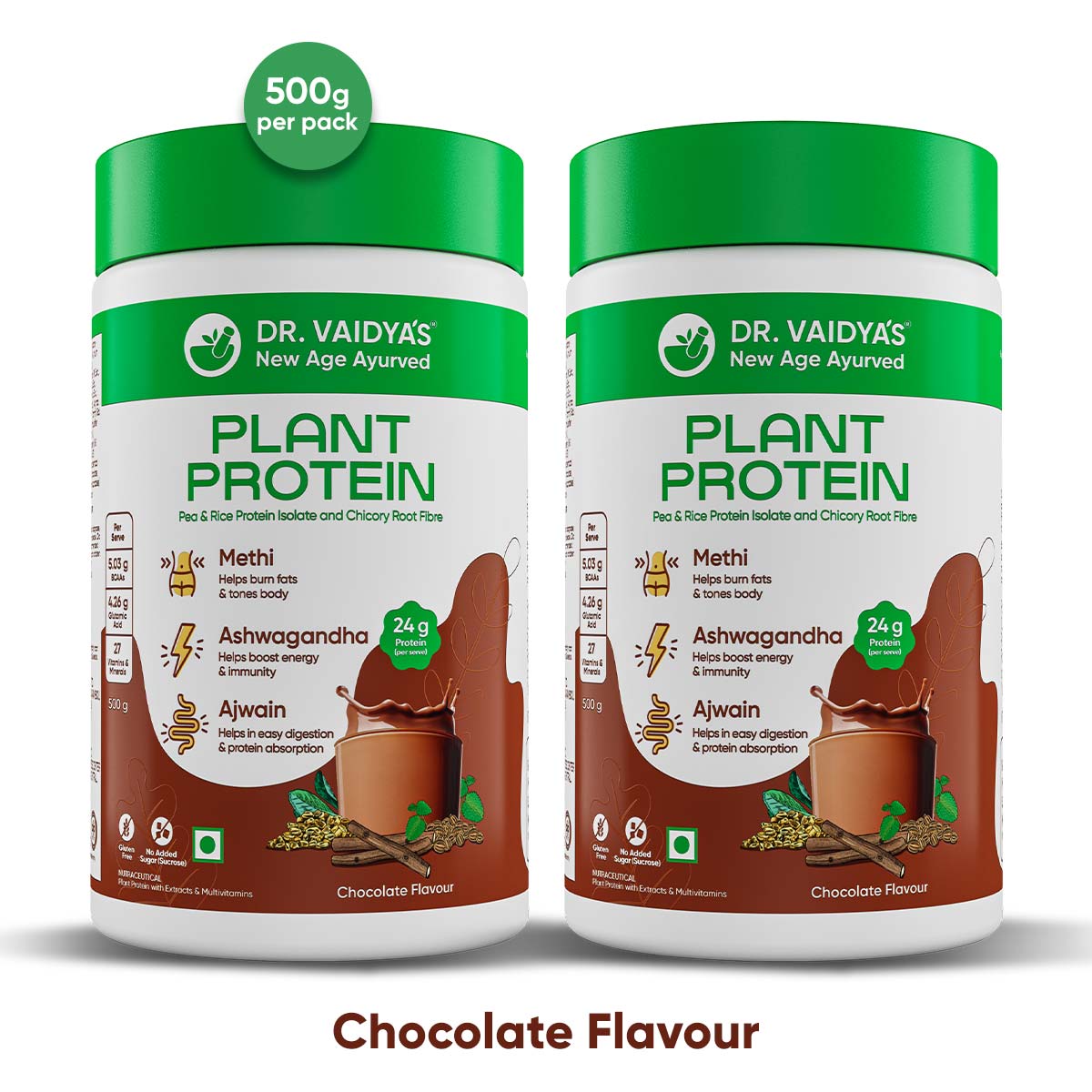Plant Protein Powder (Chocolate): First-Ever Plant Protein Enriched With Methi, Ashwagandha and Ajwain by Dr. Vaidya's