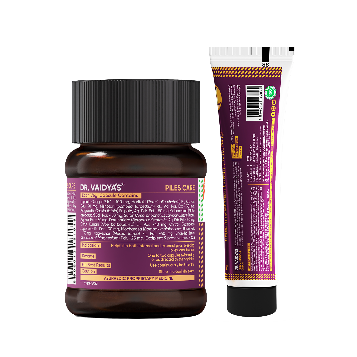 Piles Care Capsules (30 Capsules per Pack) + Pilocare Cream (30 gm per Tube) Combo – Ayurvedic Comfort Support