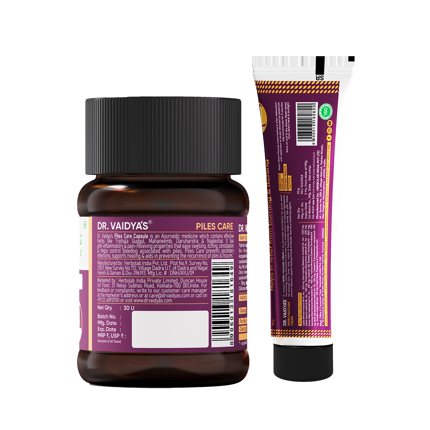 Piles Care Capsules (30 Capsules per Pack) + Pilocare Cream (30 gm per Tube) Combo – Ayurvedic Comfort Support