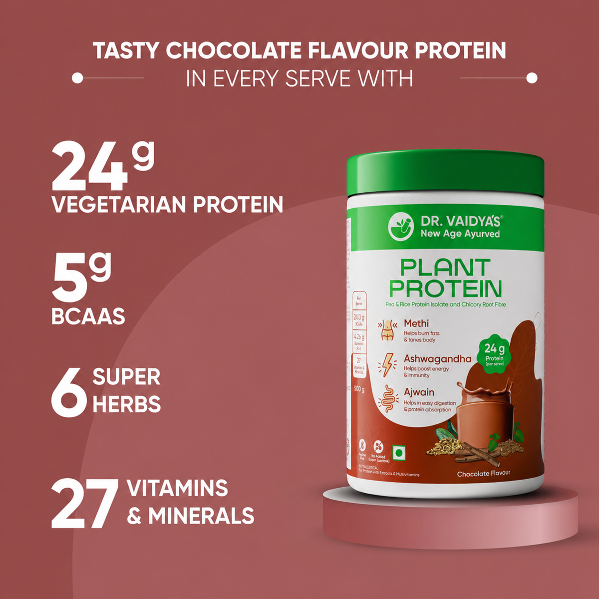 Plant Protein Enriched with BCAAs, Ashwagandha & 6 Other Tasty Ayurvedic Blends - 500gm