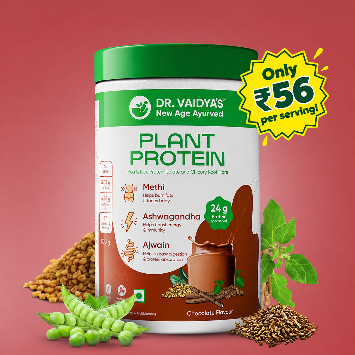 Plant Protein Enriched with BCAAs, Ashwagandha & 6 Other Tasty Ayurvedic Blends - 500gm