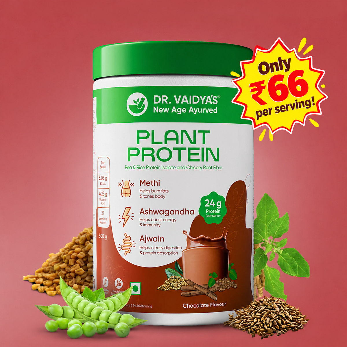 Plant Protein Enriched with BCAAs, Ashwagandha & 6 Other Tasty Ayurvedic Blends - 500gm