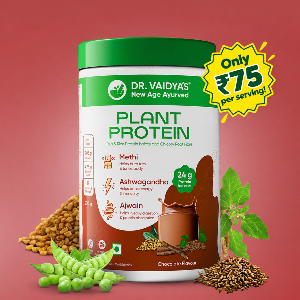 Plant Protein Enriched with BCAAs, Ashwagandha & 6 Other Tasty Ayurvedic Blends - 500gm